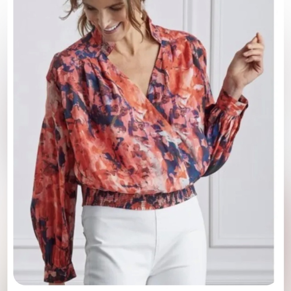 NWOT Soft Surroundings Watercolor Red Blue Crossover Smocked Wrap Blouse M